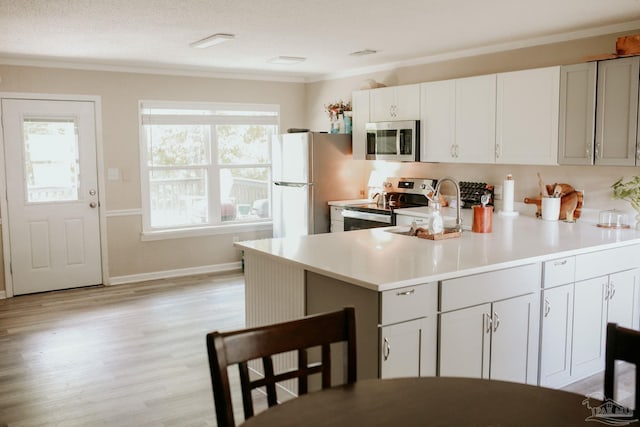 3125 Zepp Ln, Pace, FL 32571 - kitchen with appliances with stainless steel finishes, ornamental molding, a peninsula, light countertops, and light wood finished floors