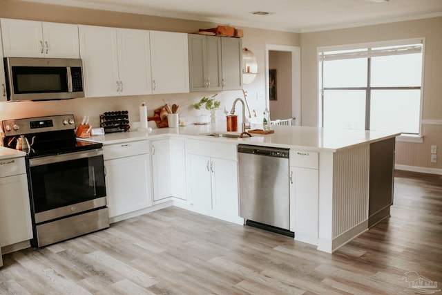 3125 Zepp Ln, Pace, FL 32571 - kitchen with stainless steel appliances, ornamental molding, a peninsula, light wood-style flooring, and light countertops