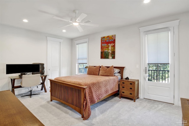 bedroom featuring ceiling fan, access to exterior, recessed lighting, and light carpet