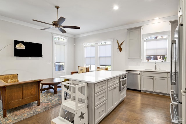 kitchen with dark wood-type flooring, ornamental molding, appliances with stainless steel finishes, and a sink