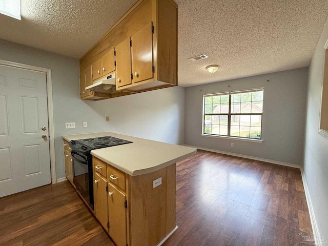 kitchen with black electric range oven, a textured ceiling, under cabinet range hood, and dark wood-type flooring