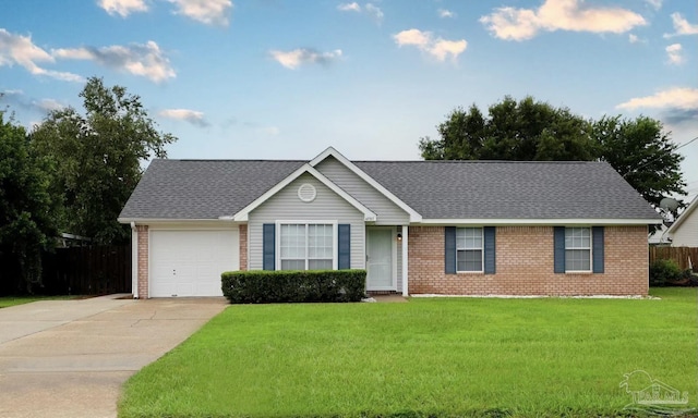 ranch-style home featuring a garage and a front lawn