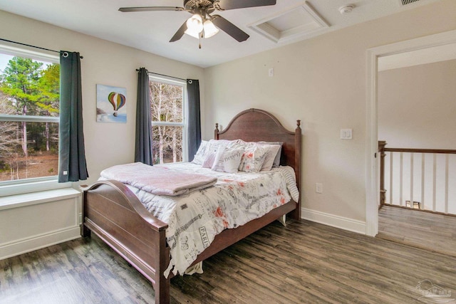 bedroom with ceiling fan and dark hardwood / wood-style flooring