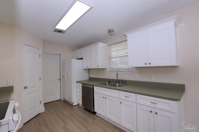 kitchen featuring stainless steel dishwasher, white cabinetry, stove, and a sink