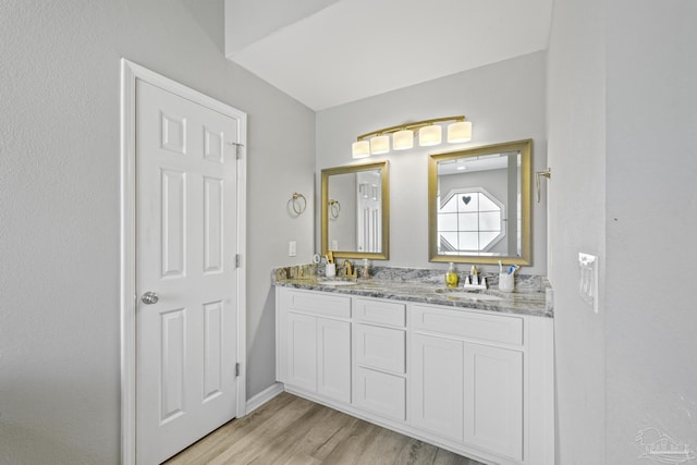 full bathroom with double vanity, wood finished floors, and a sink