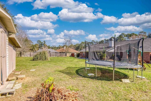 view of yard featuring a fenced backyard and a trampoline