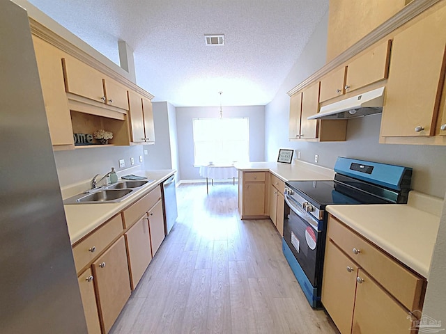 kitchen featuring dishwasher, sink, hanging light fixtures, black / electric stove, and a textured ceiling