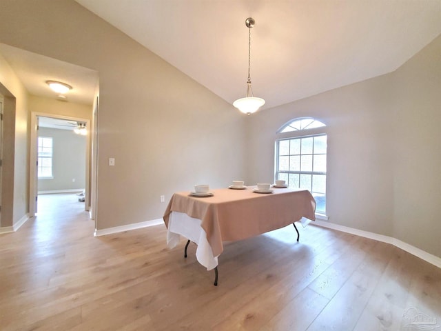 dining room featuring a wealth of natural light, light hardwood / wood-style flooring, ceiling fan, and vaulted ceiling