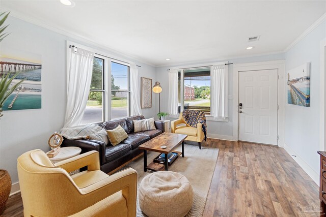 living room with light wood-type flooring and crown molding