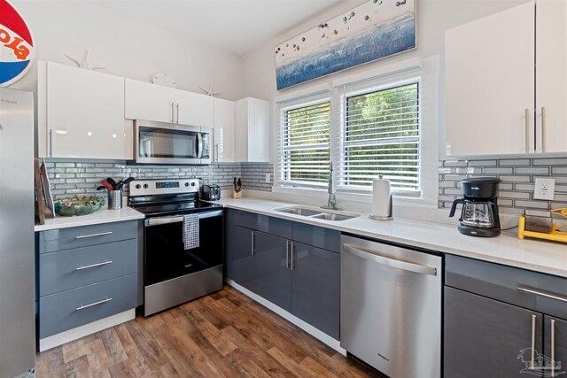 kitchen featuring backsplash, sink, dark hardwood / wood-style flooring, white cabinetry, and stainless steel appliances