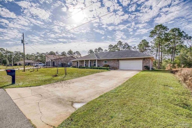 ranch-style home with a garage and a front yard