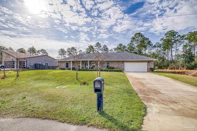 ranch-style home featuring a garage and a front lawn