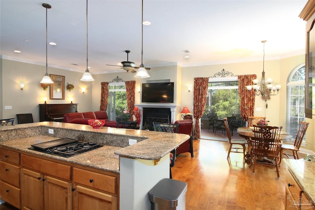 kitchen with a healthy amount of sunlight, a fireplace, black stovetop, and light wood-type flooring