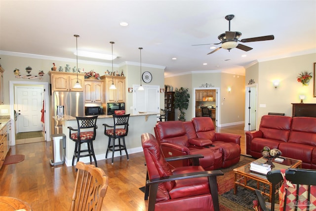 living room with baseboards, a ceiling fan, dark wood-style flooring, and ornamental molding