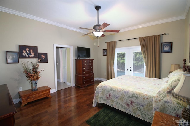 bedroom with crown molding, access to exterior, french doors, baseboards, and wood finished floors