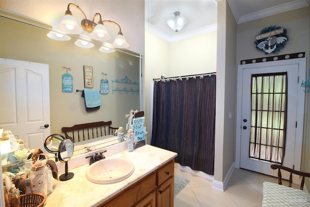 full bath featuring a shower with curtain, tile patterned flooring, vanity, baseboards, and ornamental molding
