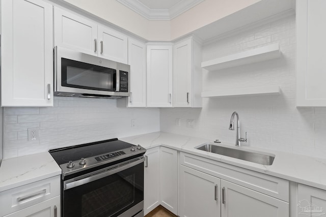 kitchen with sink, stainless steel appliances, and white cabinetry