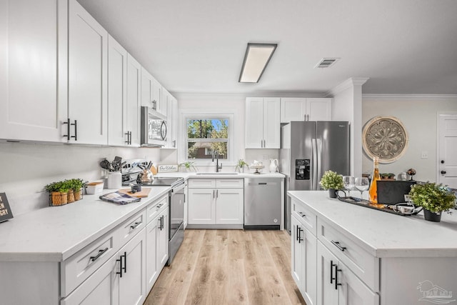 kitchen featuring crown molding, sink, light hardwood / wood-style flooring, appliances with stainless steel finishes, and white cabinetry