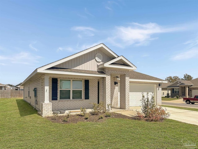 single story home featuring fence, an attached garage, a front lawn, concrete driveway, and brick siding