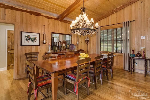 dining area with a chandelier, wooden walls, wood ceiling, and light wood-type flooring