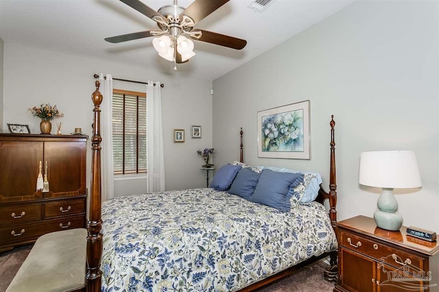 carpeted bedroom with ceiling fan