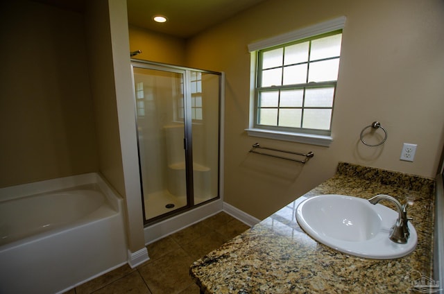 4777 Belvedere Cir, Pace, FL 32571 - bathroom with a stall shower, a garden tub, tile patterned flooring, baseboards, and recessed lighting