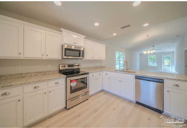 kitchen featuring white cabinetry, appliances with stainless steel finishes, sink, and kitchen peninsula