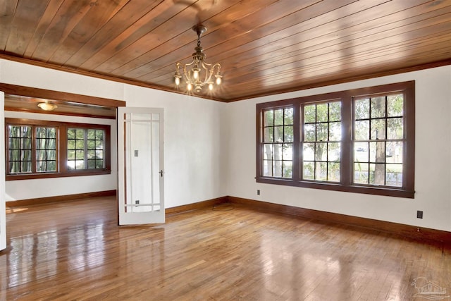 empty room with baseboards, wooden ceiling, hardwood / wood-style flooring, an inviting chandelier, and crown molding