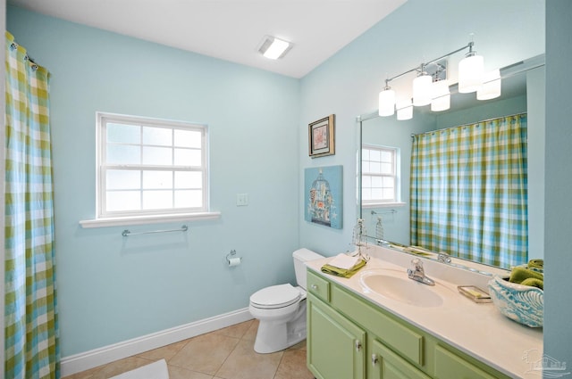 bathroom featuring vanity, plenty of natural light, toilet, and tile patterned floors