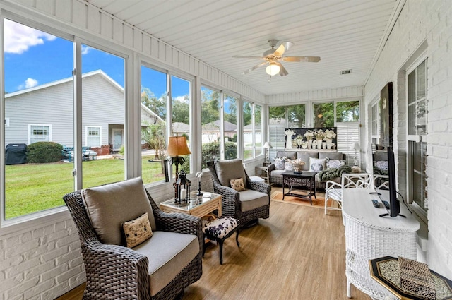 sunroom / solarium featuring ceiling fan and wooden ceiling