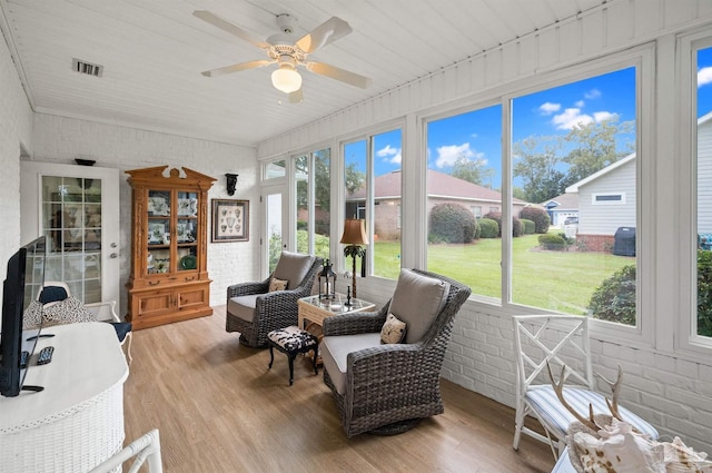 sunroom featuring ceiling fan and wooden ceiling