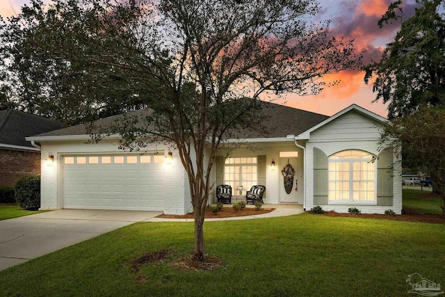 ranch-style house featuring a yard and a garage