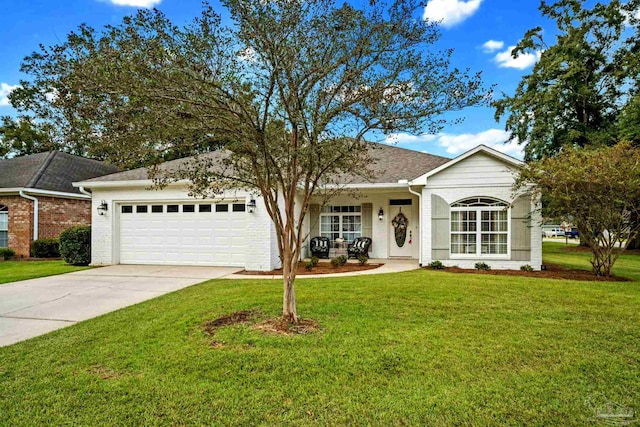 single story home with a garage and a front yard