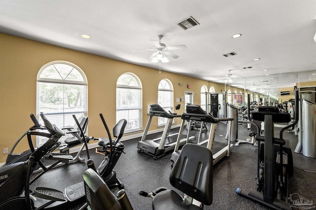 exercise room featuring ceiling fan