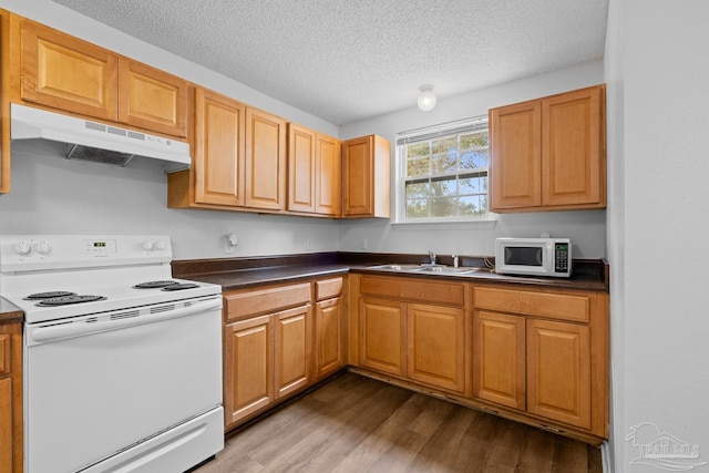 kitchen with under cabinet range hood, white appliances, dark wood-style flooring, a sink, and dark countertops