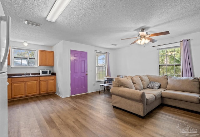 living room featuring light wood-type flooring, visible vents, and plenty of natural light