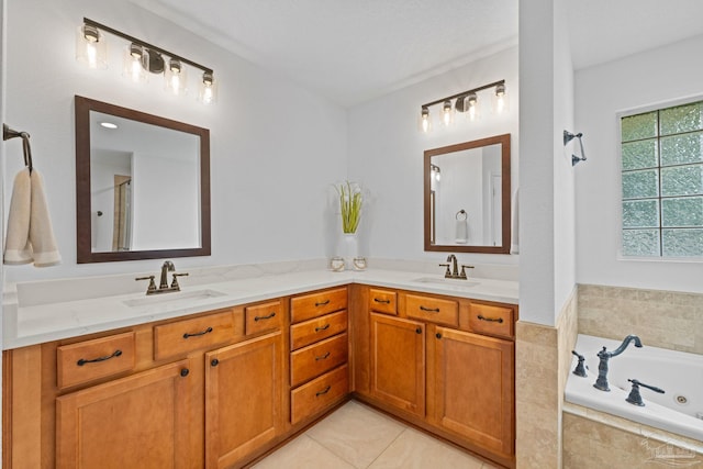 1008 Black Walnut Trl, Pensacola, FL 32514 - bathroom with double vanity, a whirlpool tub, and tile patterned floors