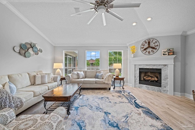 1008 Black Walnut Trl, Pensacola, FL 32514 - living area with a textured ceiling, ornamental molding, wood finished floors, a fireplace, and ceiling fan