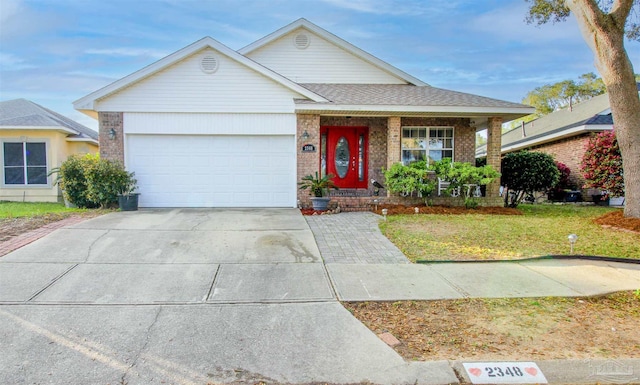 ranch-style house with a garage, a front lawn, and covered porch