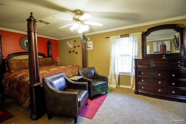 carpeted bedroom with crown molding, ceiling fan, and a textured ceiling