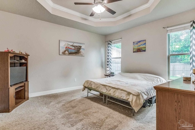 carpeted bedroom featuring a raised ceiling, multiple windows, ceiling fan, and crown molding