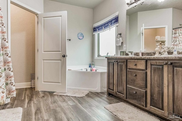 bathroom with a washtub, vanity, and hardwood / wood-style flooring