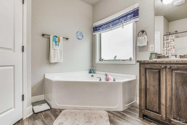 bathroom with hardwood / wood-style floors, vanity, and a bathing tub