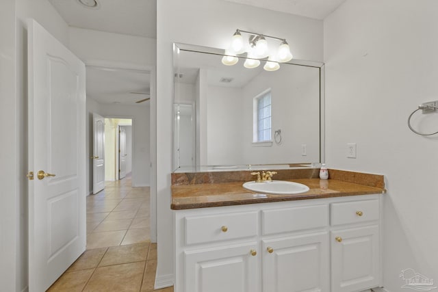 bathroom featuring tile patterned flooring, vanity, and ceiling fan