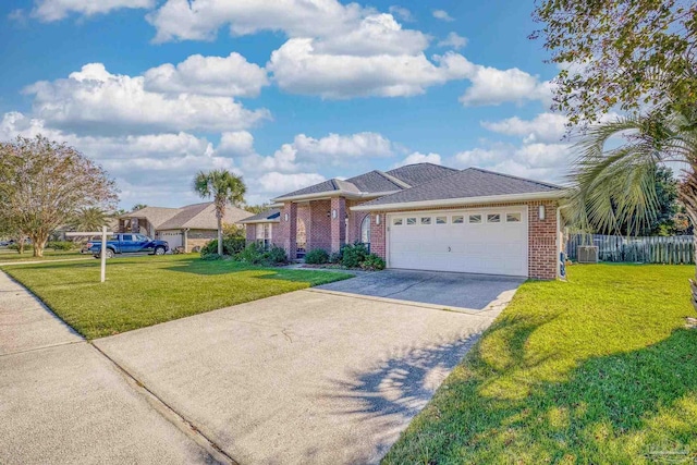 ranch-style house with cooling unit, a garage, and a front lawn