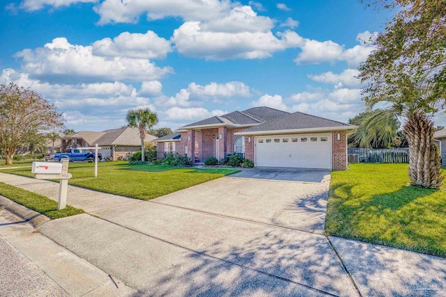 single story home featuring a front lawn and a garage