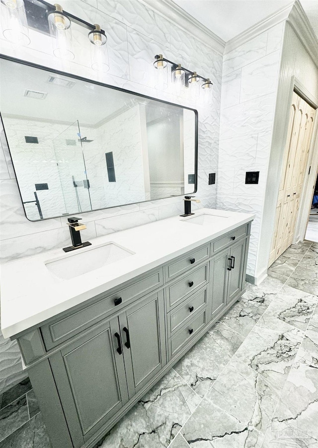 bathroom with a shower and vanity