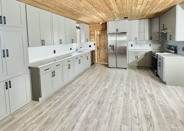 kitchen featuring decorative backsplash, appliances with stainless steel finishes, light hardwood / wood-style floors, and sink