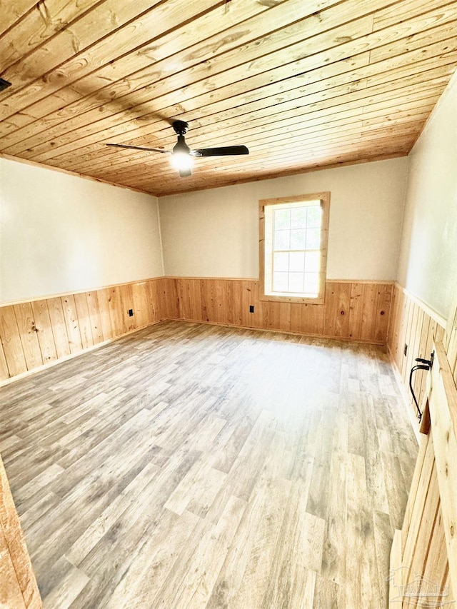 spare room featuring wood walls, ceiling fan, light hardwood / wood-style floors, and wooden ceiling