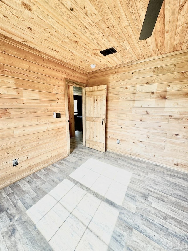 unfurnished room featuring wood walls, wood-type flooring, and wooden ceiling